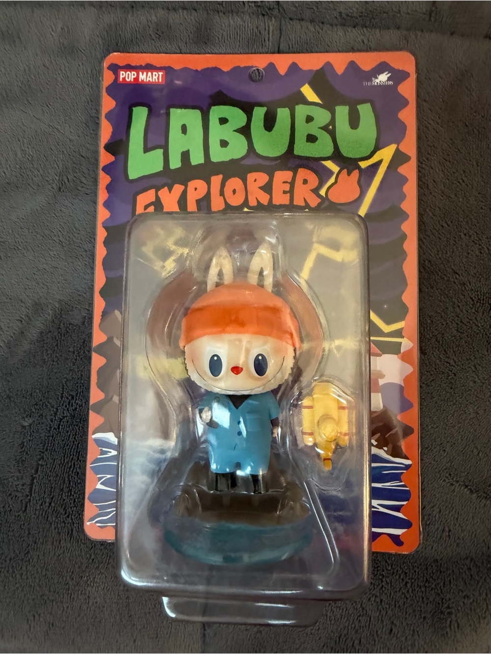 Labubu Explorer Figure — Blue Outfit with Orange Beanie sealed Hangcard.